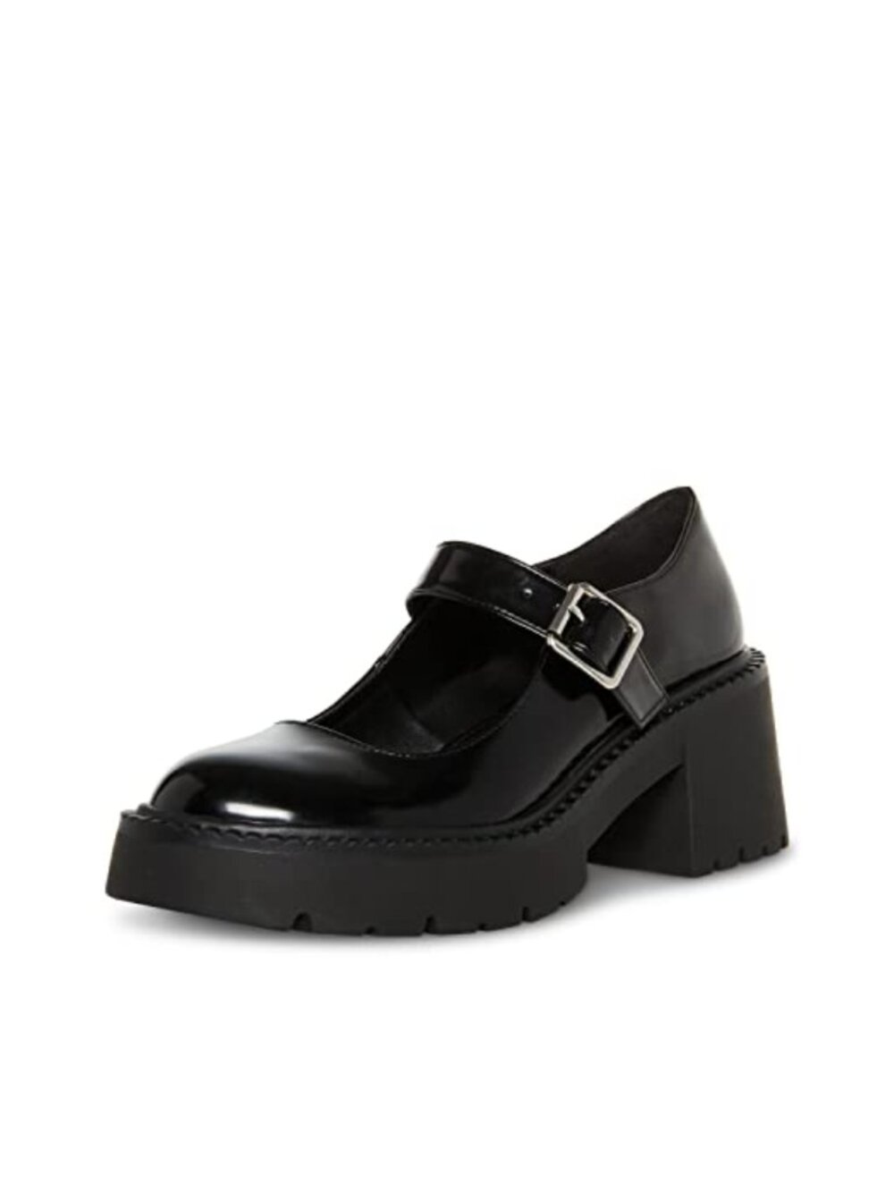 Glossy PU Mary Jane Flats with Buckle Closure and Padded Footbed